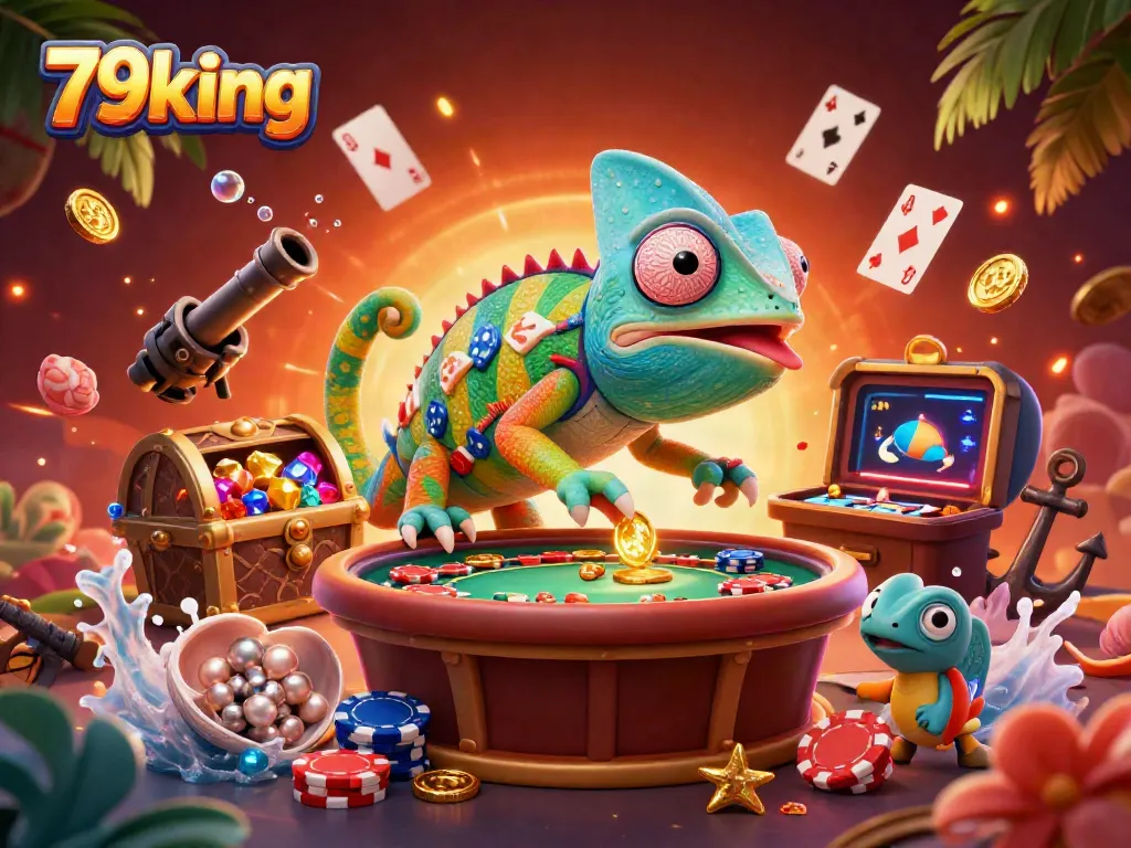Experience the vibrant gaming energy at 79king with a colorful casino scene featuring a chameleon owner amidst treasure.