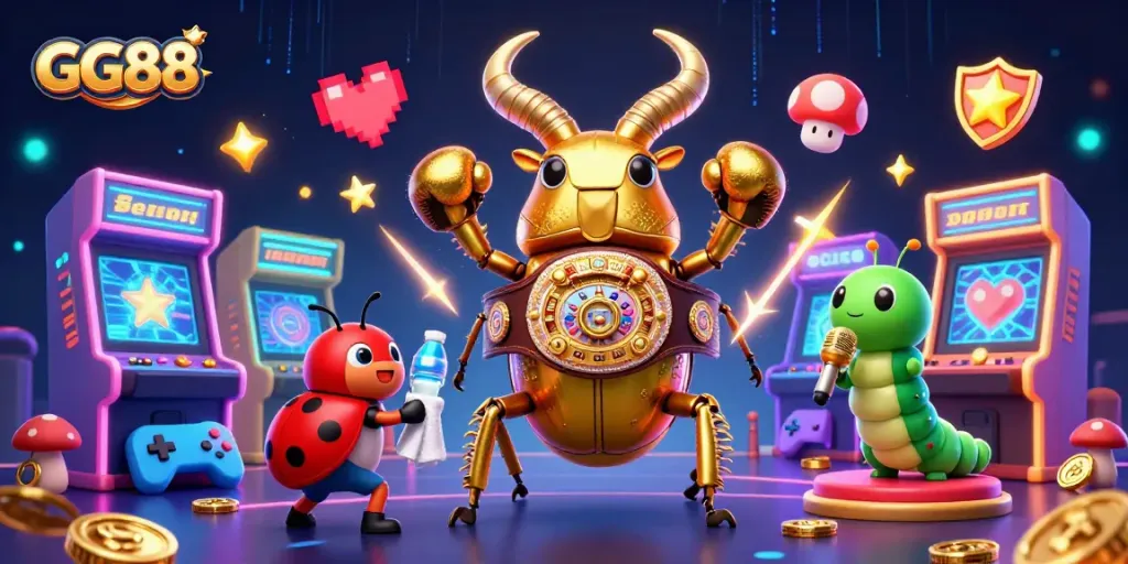 GG88 interactive slots action featuring a giant golden stag beetle and arcade game elements.