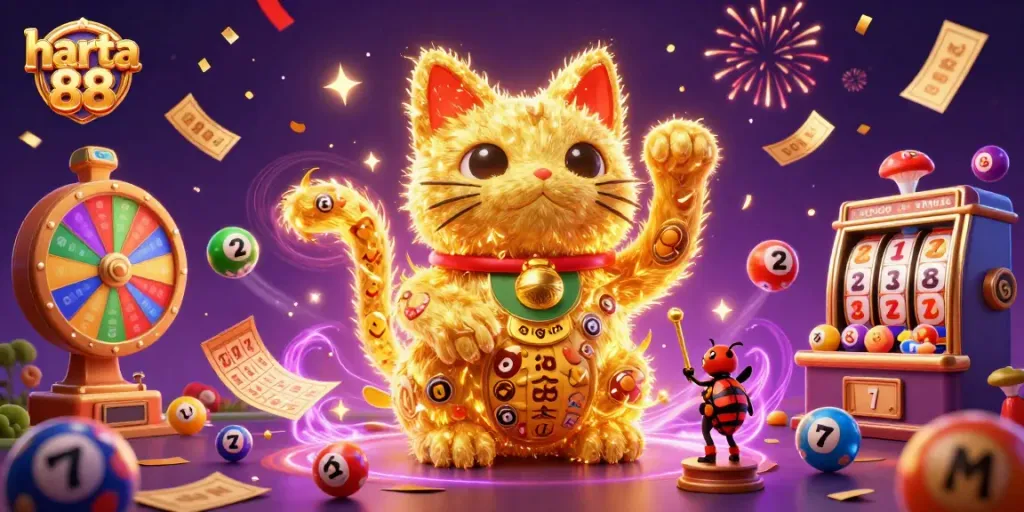 Engage with harta 88 through this colorful lottery and casino-themed 3D illustration depicting luck and fun.