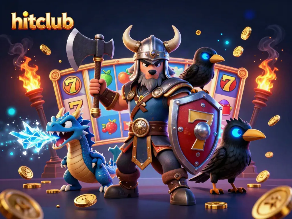 Engage the hitclub experience with a lively Viking wolf warrior and dragon surrounded by slot game elements.