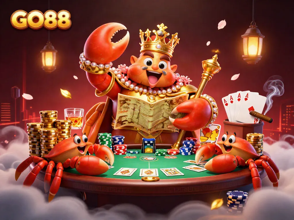 Experience the excitement of GO88 casino gaming with a golden crab emperor and vibrant poker elements.
