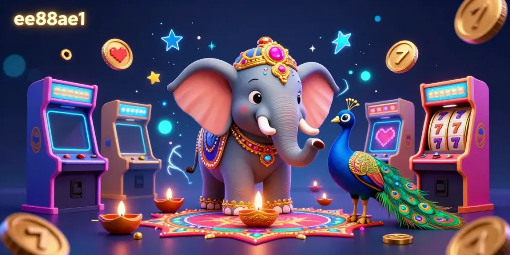 Engage with the vibrant casino atmosphere of ee88ae1 featuring a lively Diwali-themed elephant and captivating peacock amidst colorful gaming elements.