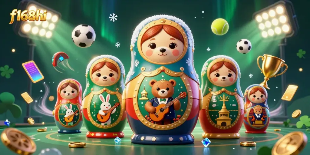 Experience engaging casino action at f168hi with festive bears, sports elements, and exciting gaming visuals.