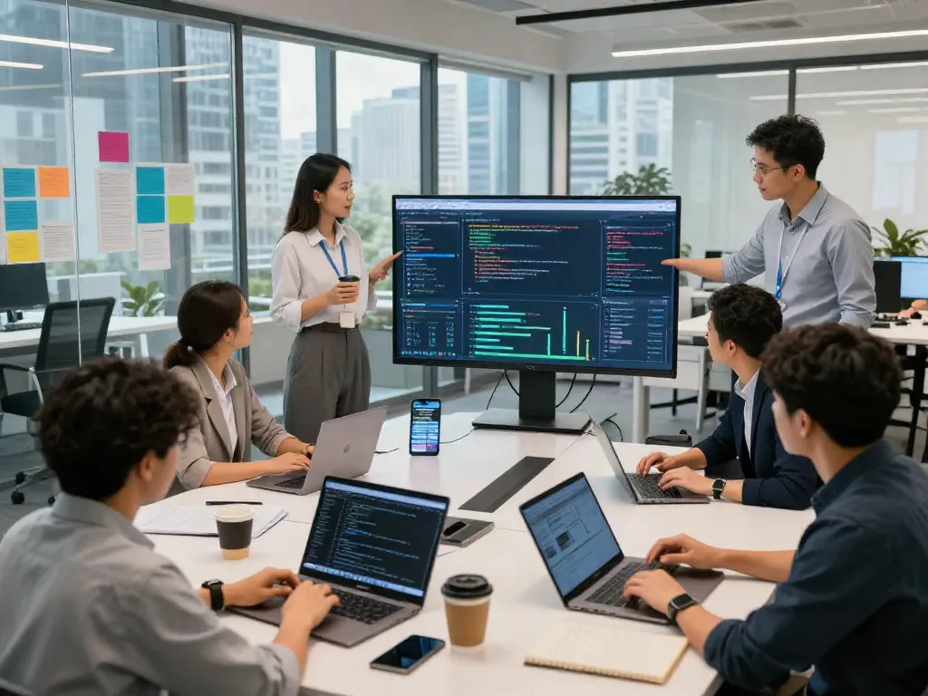 Collaborative team using technology and data insights at istana 404
