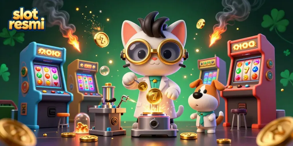 Spin the reels of slot resmi with a mad scientist cat and assistant in a dynamic 3D arcade scene.