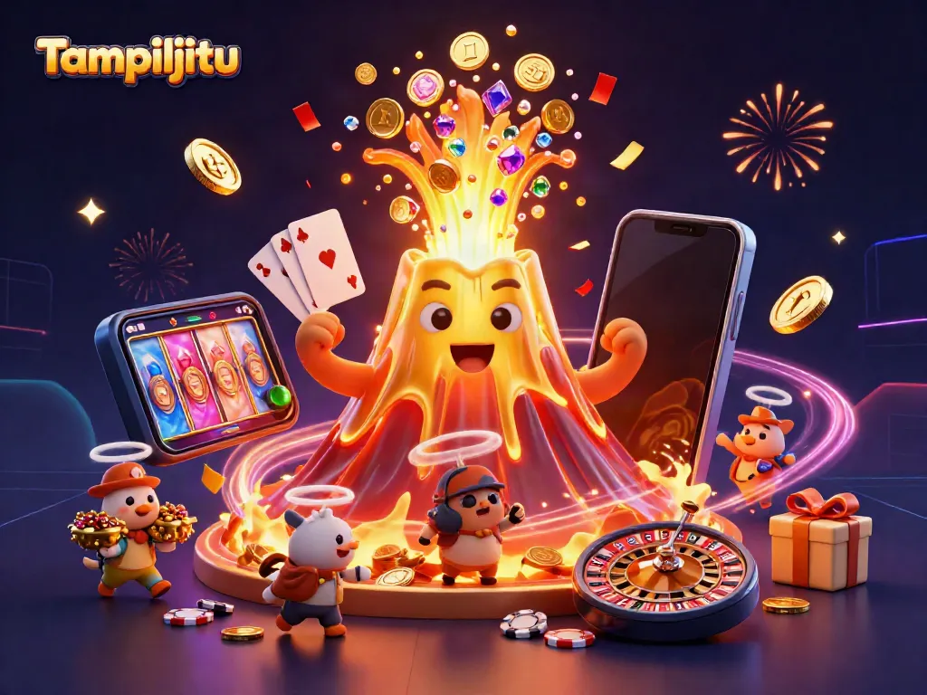 Tampiljitu captures a victorious volcano showering coins and treasures, igniting excitement in online gaming.