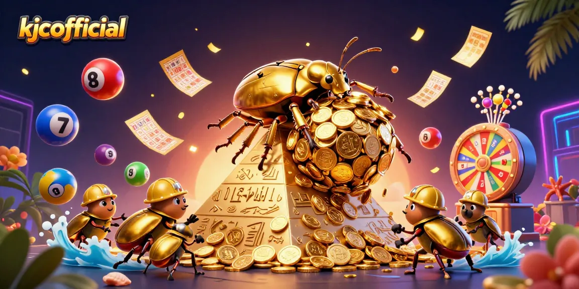kjcofficial showcases a dynamic casino scene with vibrant lottery elements and a golden beetle rolling coins.