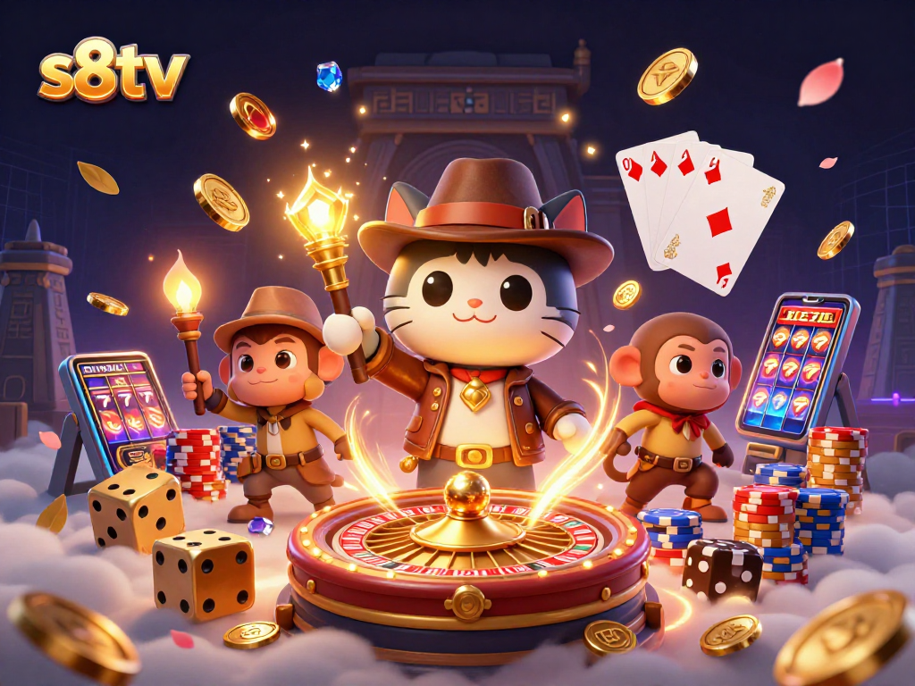 S8TV showcases a thrilling moment in gambling with a 3D cartoon explorer cat uncovering treasures amidst casino artifacts.