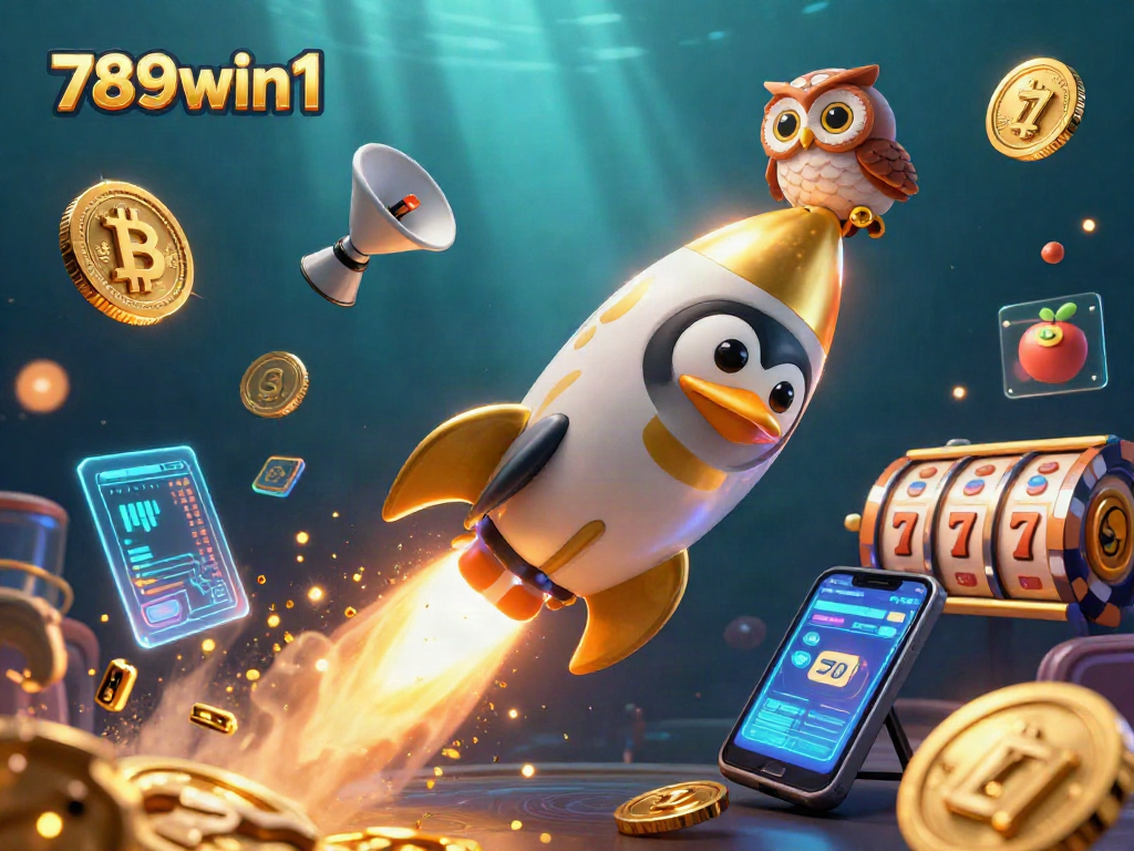 Experience thrilling gaming at 789win1 with a golden penguin racing toward a casino space station.