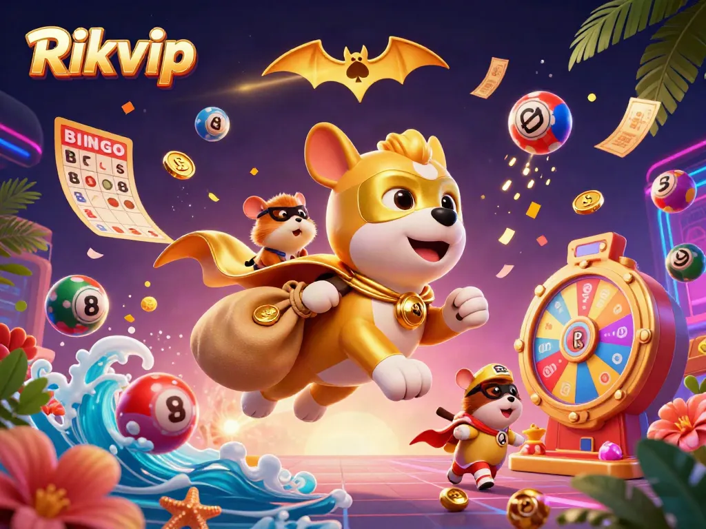 Rikvip's superhero dog and sidekick celebrate wins with vibrant casino-themed elements in a dynamic scene.