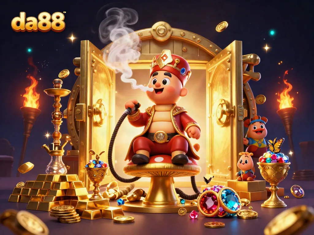 Engage in thrilling gambling at da88 with an extravagant 3D casino illustration featuring a whimsical caterpillar and golden treasures.