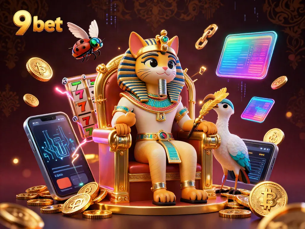 Experience thrilling slots at 9 bet with dynamic elements and an Egyptian theme featuring characters and vibrant casino imagery.