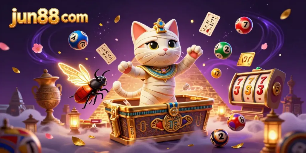 Immerse in the vibrant world of jun88 com with a cartoon mummy cat and casino elements for exciting gameplay.