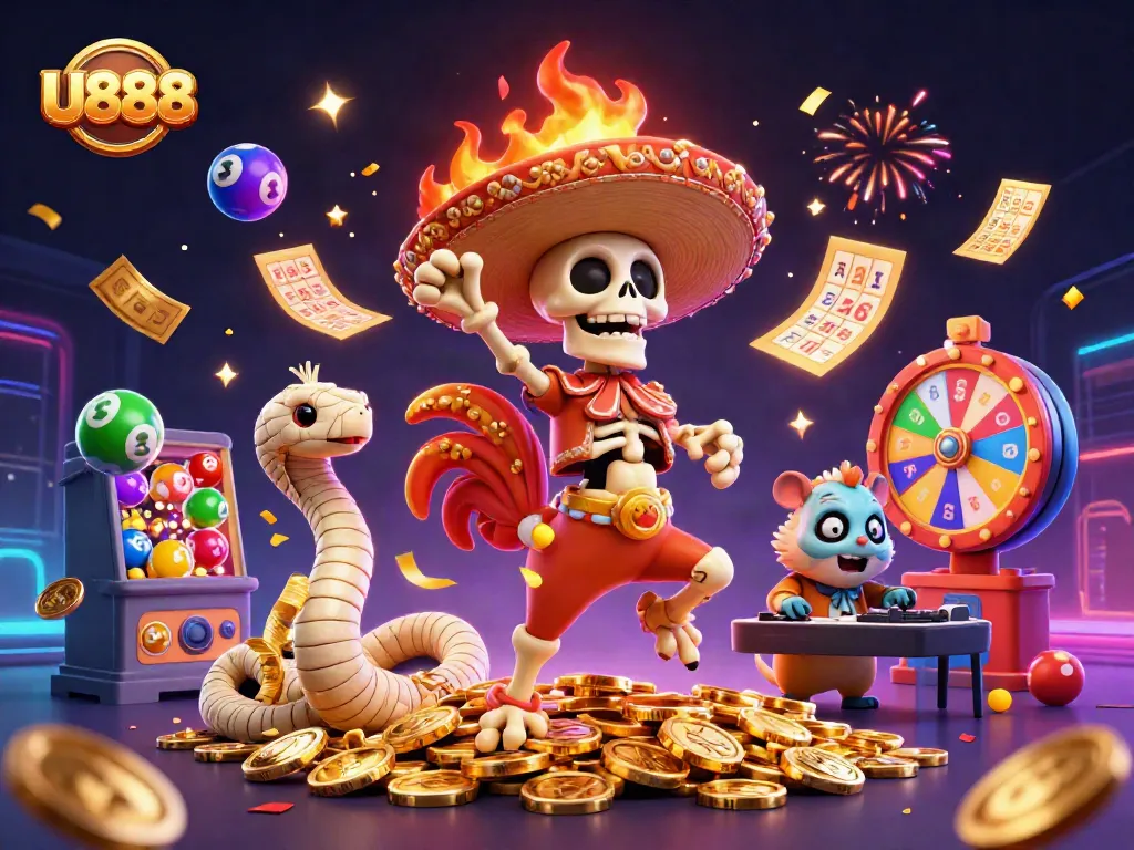 U888 celebrates with colorful lottery balls and golden coins alongside whimsical characters
