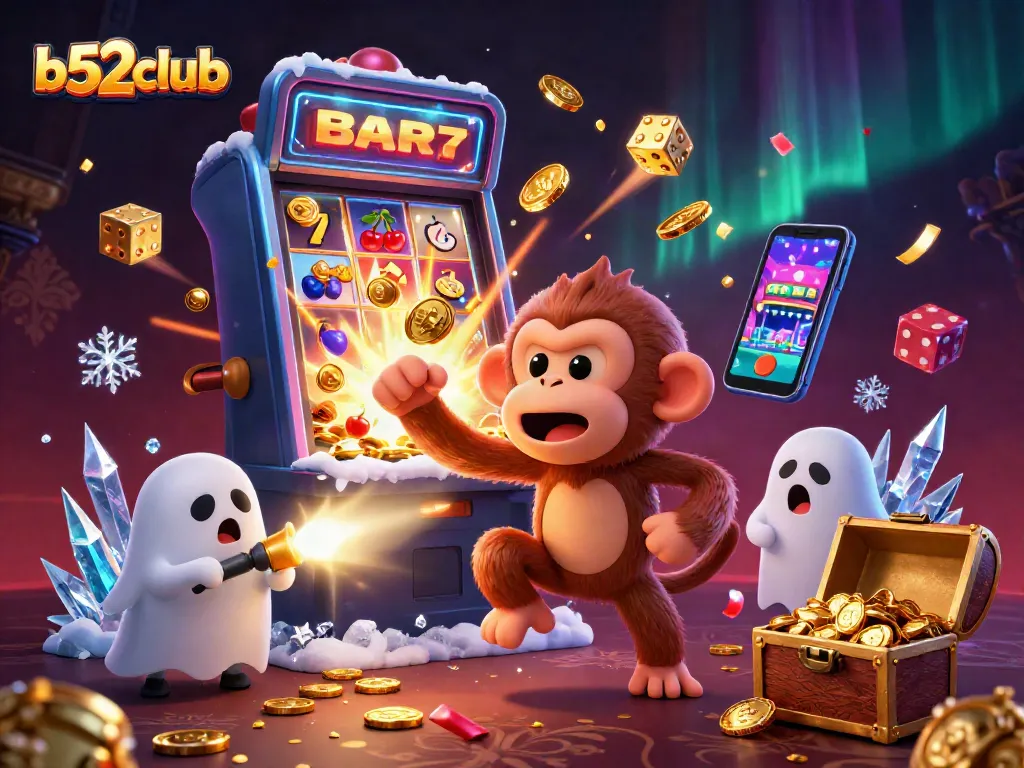 Engage with the vibrant b52club casino scene featuring a playful poltergeist monkey juggling golden casino items.