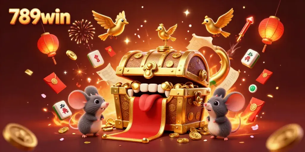 Experience excitement with 789win's animated treasure chest inviting players to unlock riches amidst vibrant casino elements.