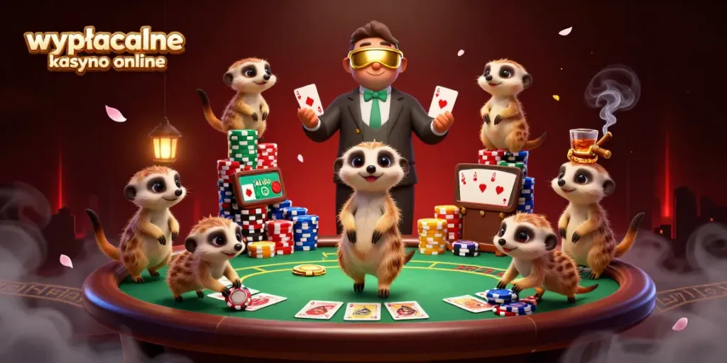 Engage in strategic gameplay at wypłacalne kasyno online, featuring animated meerkats in a casino setting.