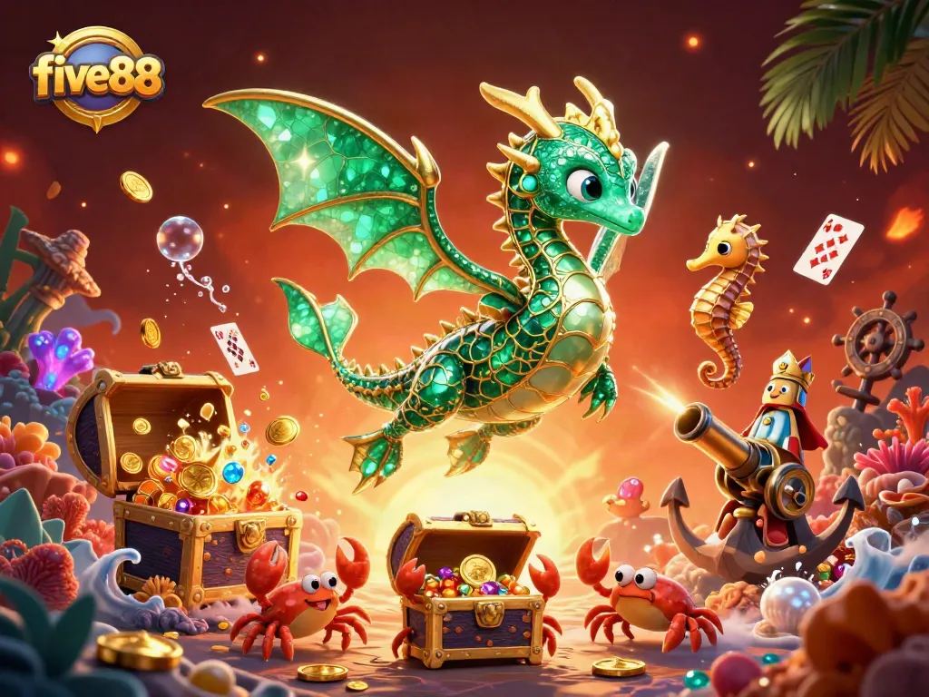 Experience winning big at five88 with this vibrant 3D illustration featuring casino elements and treasures.