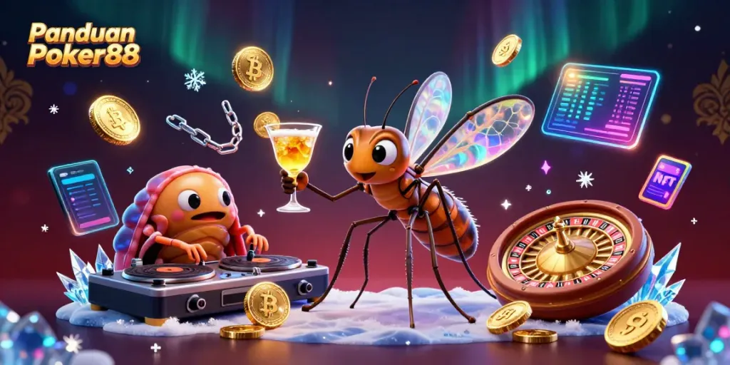 Engage with Panduan Poker88 featuring a casino mascot and trilobite DJ in a vibrant scene.