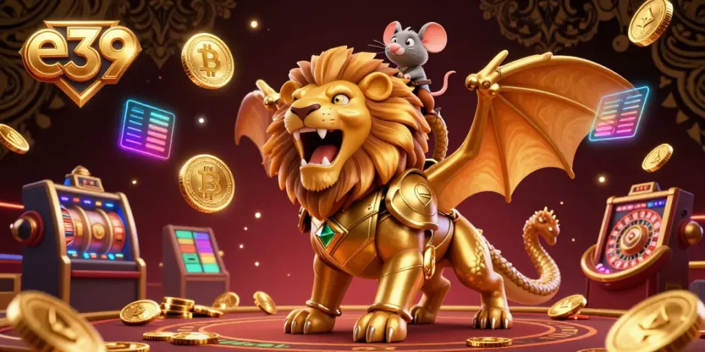 Experience the excitement of e39 casino with a golden chimera and crypto coins in action.