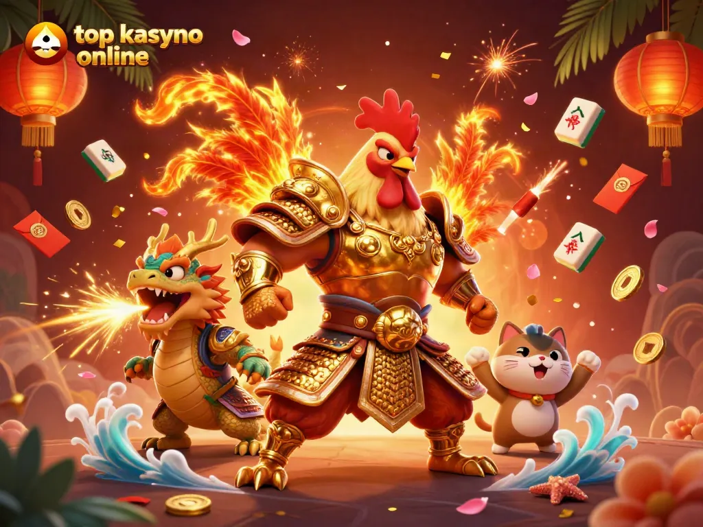 Engaging scene showcasing top kasyno online with cartoon rooster and dragon warriors celebrating wins.