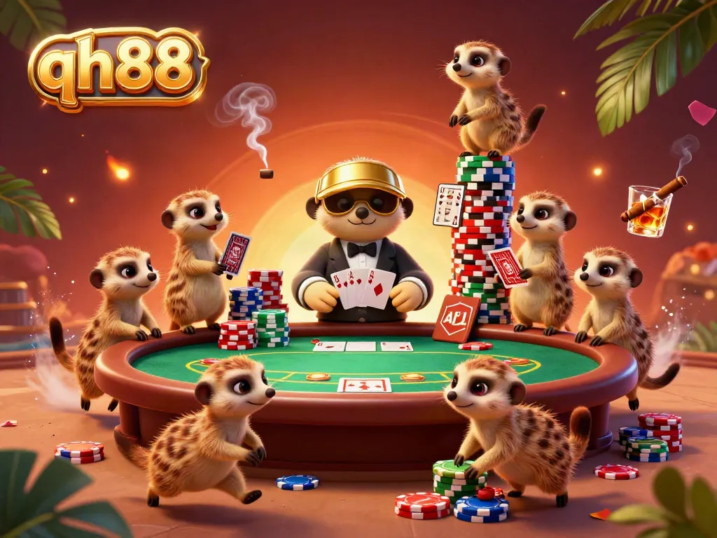 Engage in thrilling casino action with qh88 as meerkats operate a vibrant gambling scene featuring colorful poker chips and community cards.