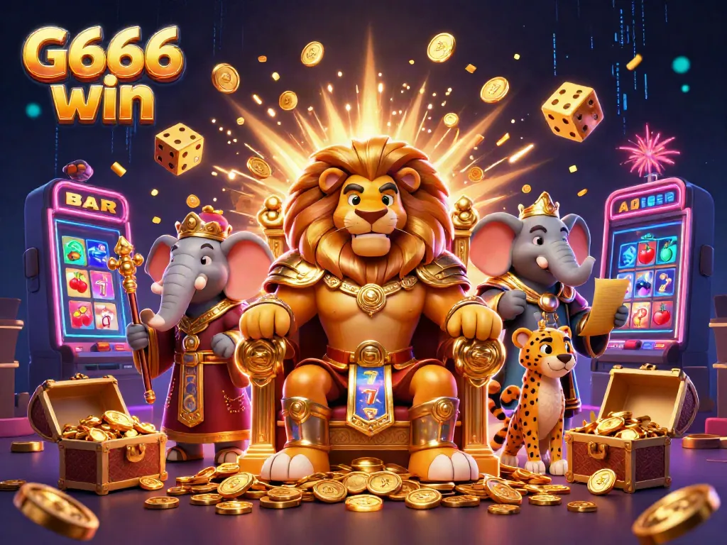 Experience thrilling G666 win with a majestic casino-themed 3D scene featuring regal characters and rich gaming elements.