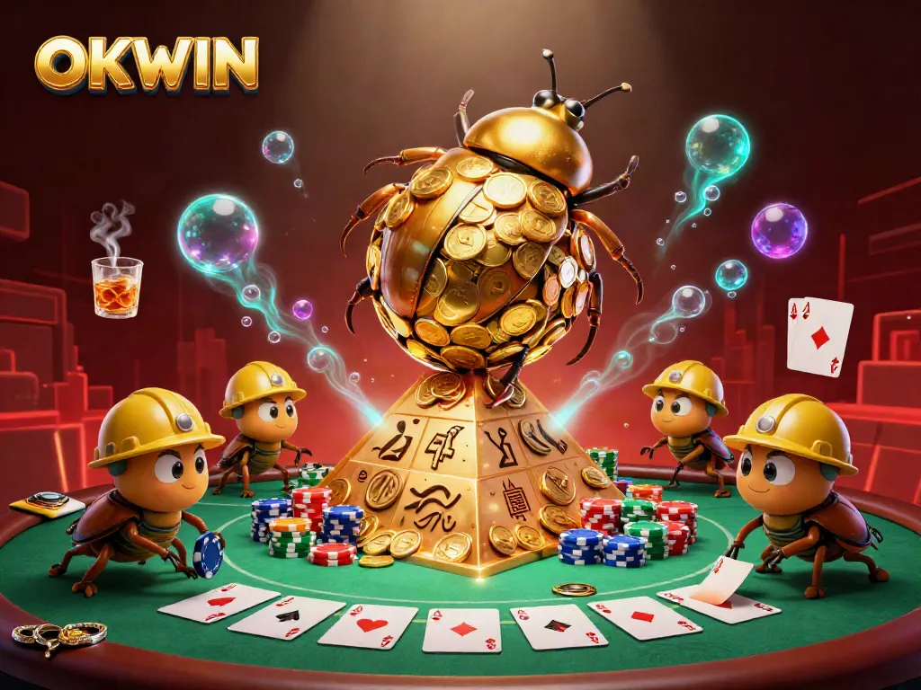 Embrace winning moments at OKWIN, featuring vibrant casino elements in a lively 3D scene.