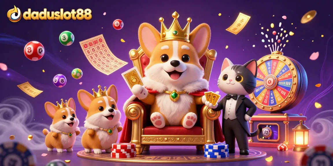 Menangkan hadiah dengan daduslot88, corgi kerajaan duduk di kursi kasino dikelilingi bola lotre berwarna-warni.