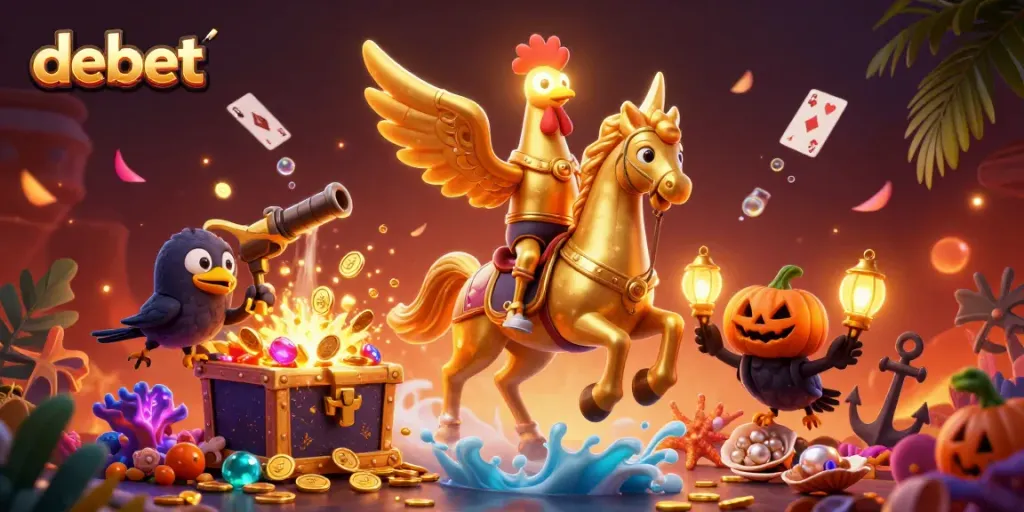 Experience thrilling moments at debet casino with golden rooster and treasure-filled scenes.