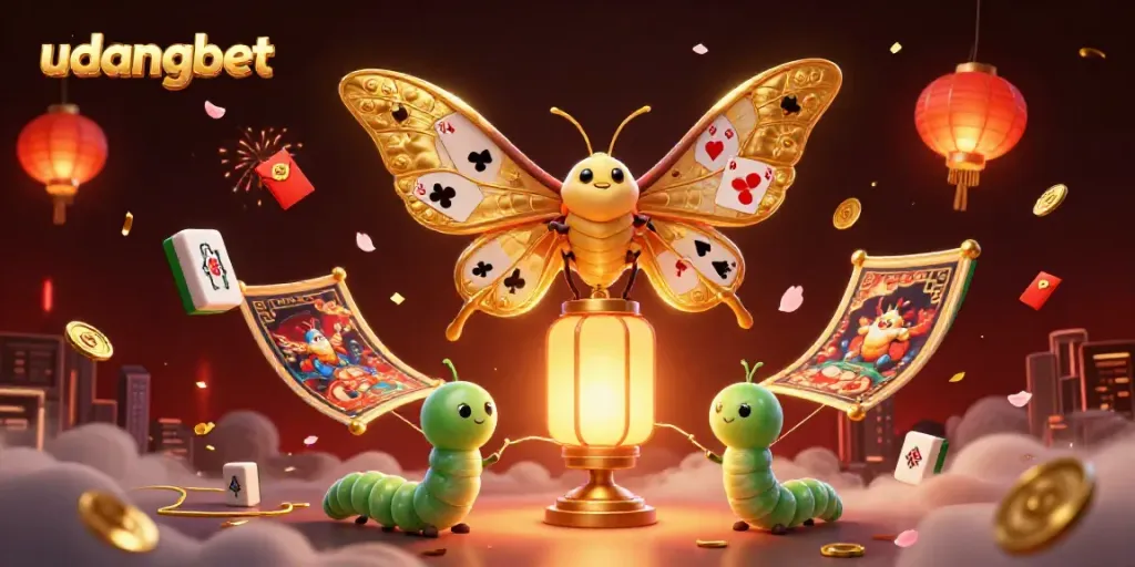 Experience udangbet's vibrant casino world with a majestic moth and dazzling game elements.