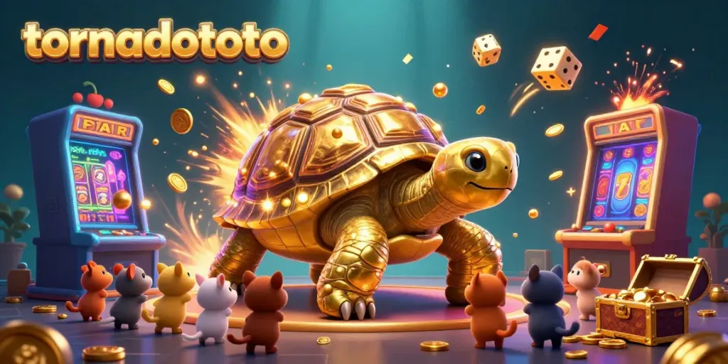 Engage with the dynamic tornadototo scene featuring a giant golden tortoise pinball machine amidst a jackpot explosion of coins and symbols.
