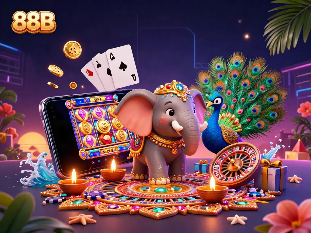 Engage with 88B in this vibrant, dynamic casino scene featuring colorful slot elements and festive characters.