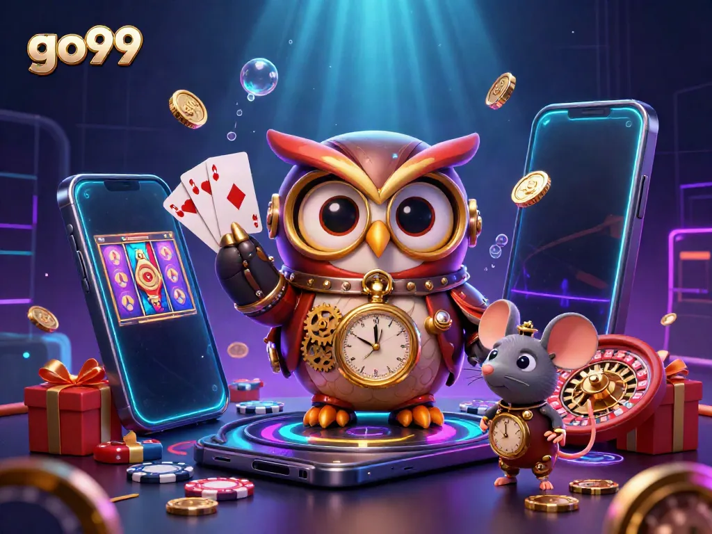Engage with go99 at an exciting online casino featuring dynamic slot games, steampunk characters, and glowing effects.
