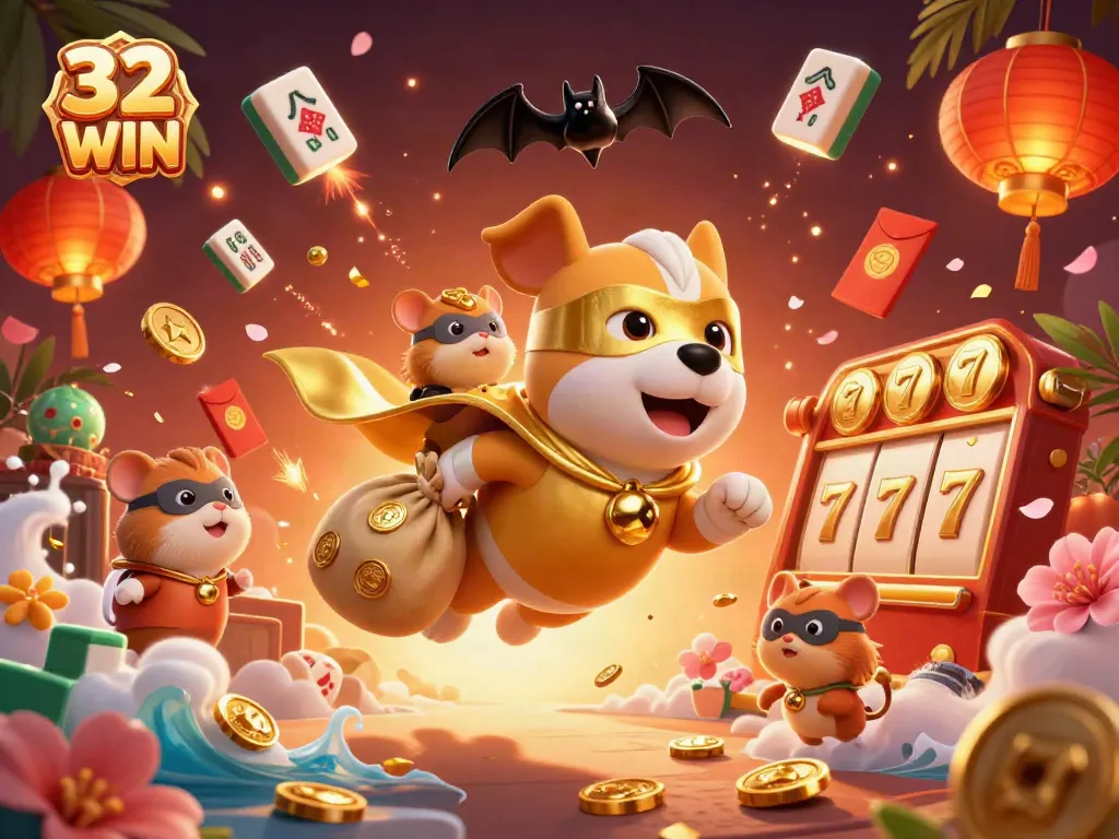 Experience the thrill of winning big at 32 WIN with animated characters and festive casino elements.