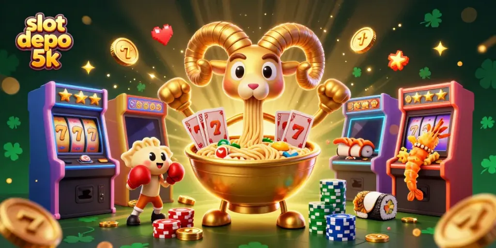 Engage in thrilling gameplay with slot depo 5k, showcasing vibrant slot reels and cartoon characters.